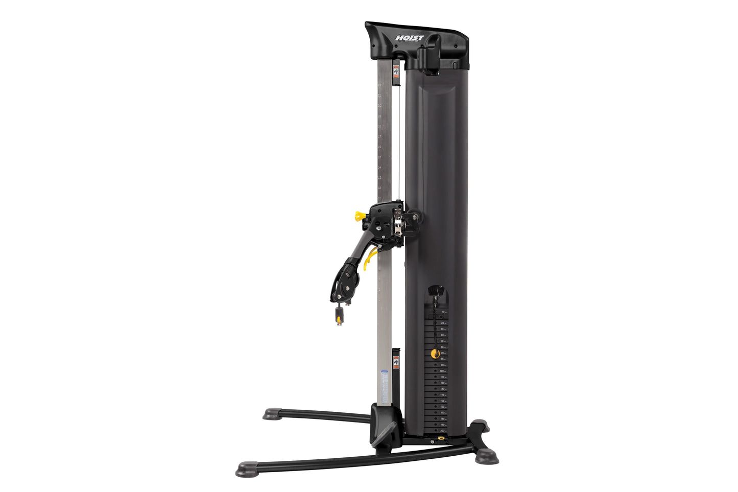 Hoist Mi5 functional trainer with black frame, gray column, and yellow accents on white background