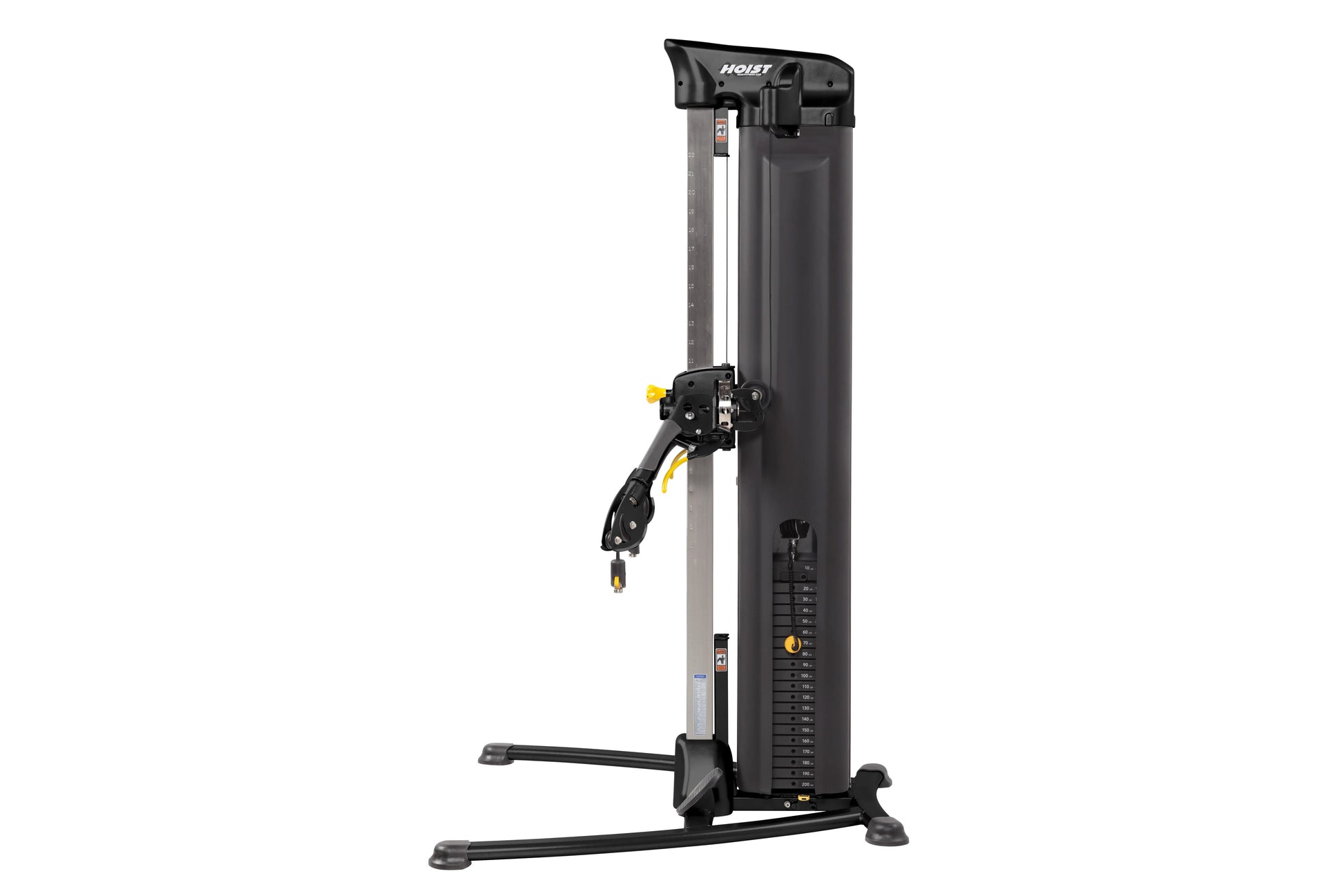 Hoist Mi5 functional trainer with black frame, gray column, and yellow accents on white background