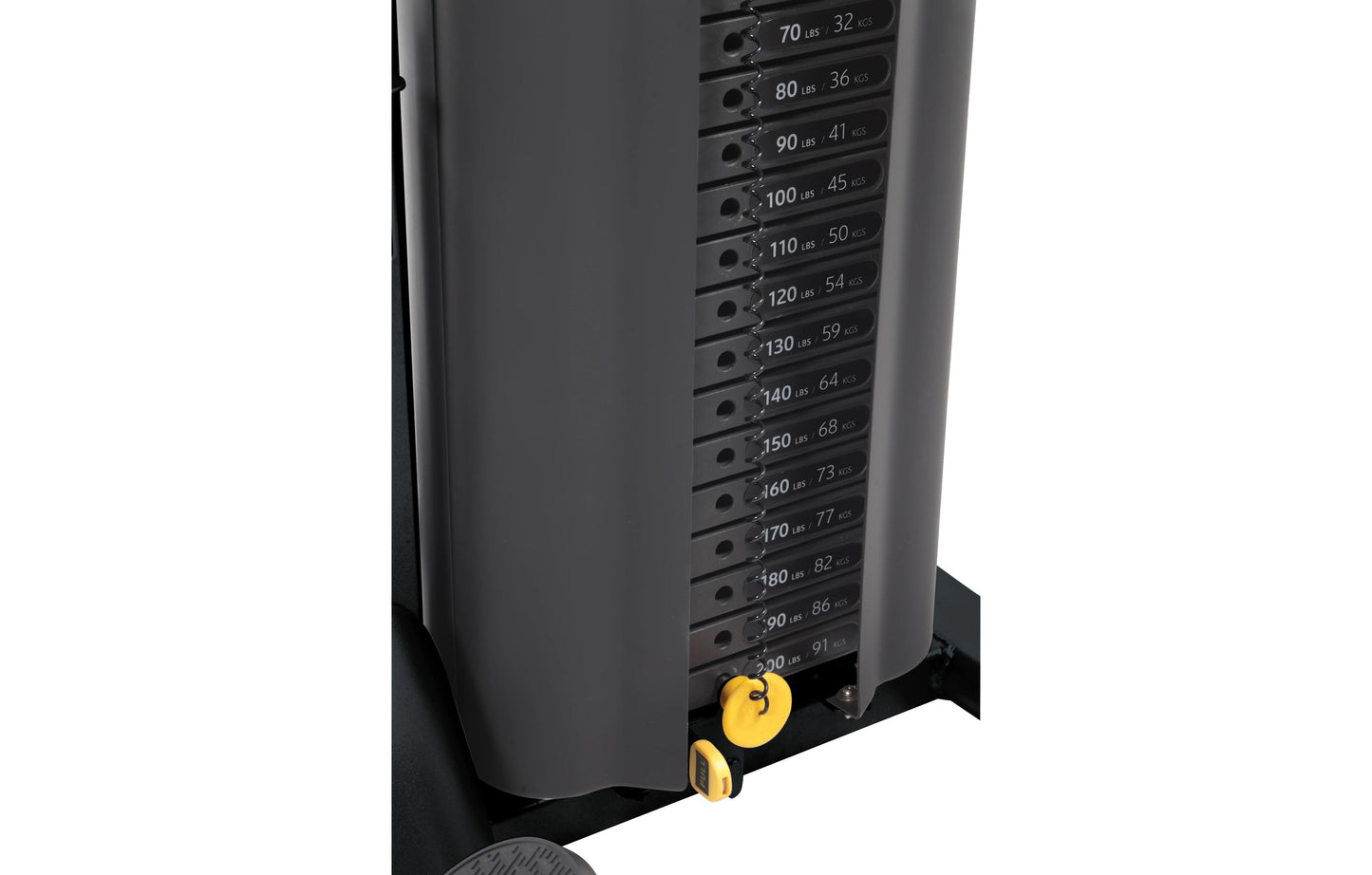 Hoist Mi5 Functional Trainer with gray tower, labeled weight selector from 70 to 200 lbs, and yellow casters on black base