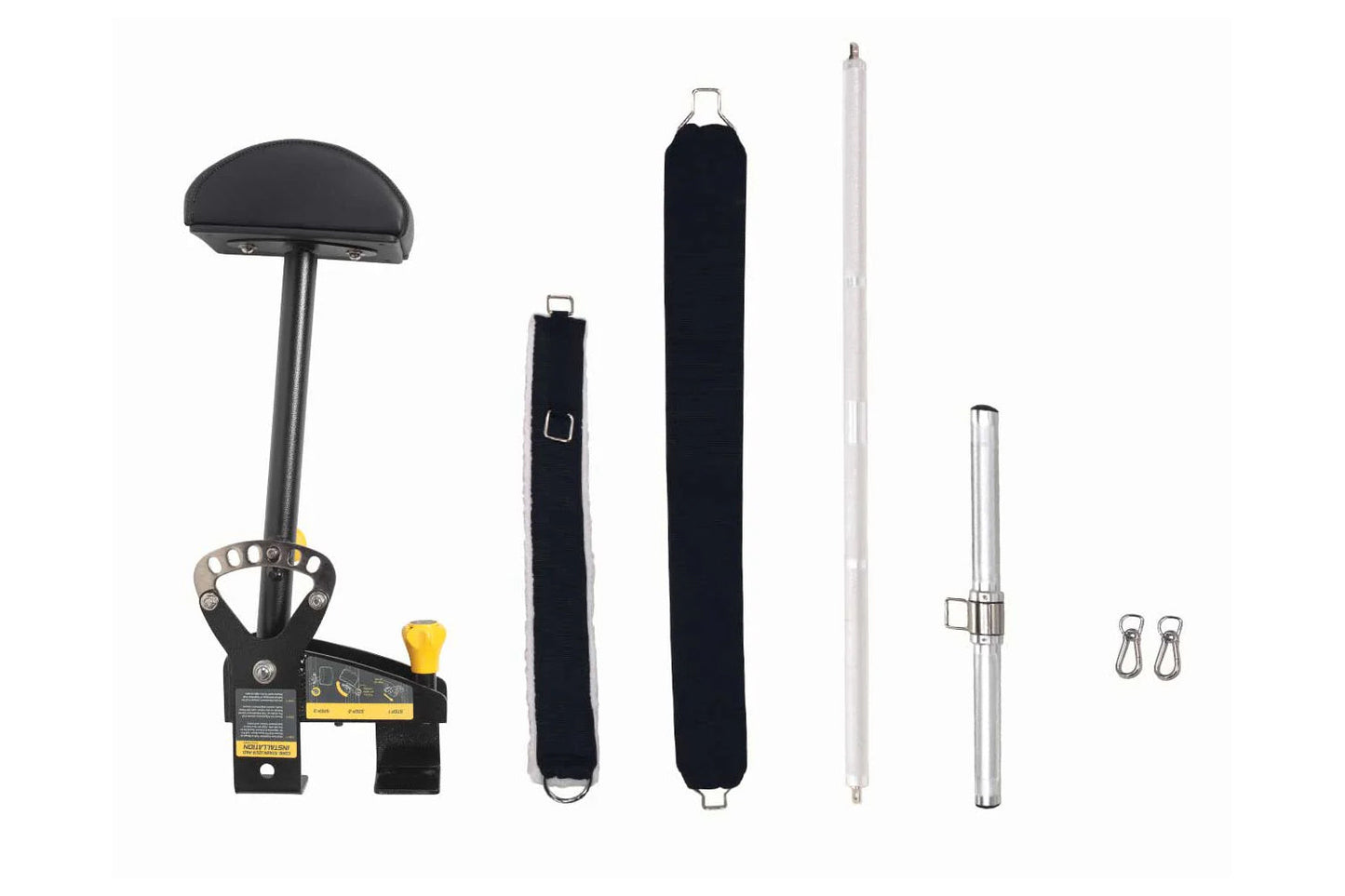 Hoist Mi5 Functional Trainer components including seat, base, black padding sleeves, white and silver poles, and carabiners o