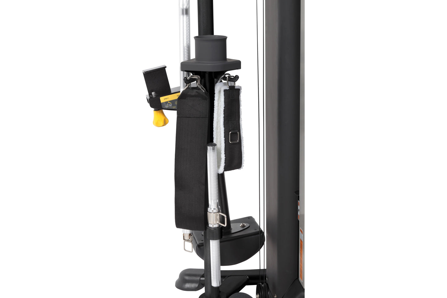 Hoist Mi5 Functional Trainer with black nylon straps, yellow adjustment handle, and silver metal pole on white background