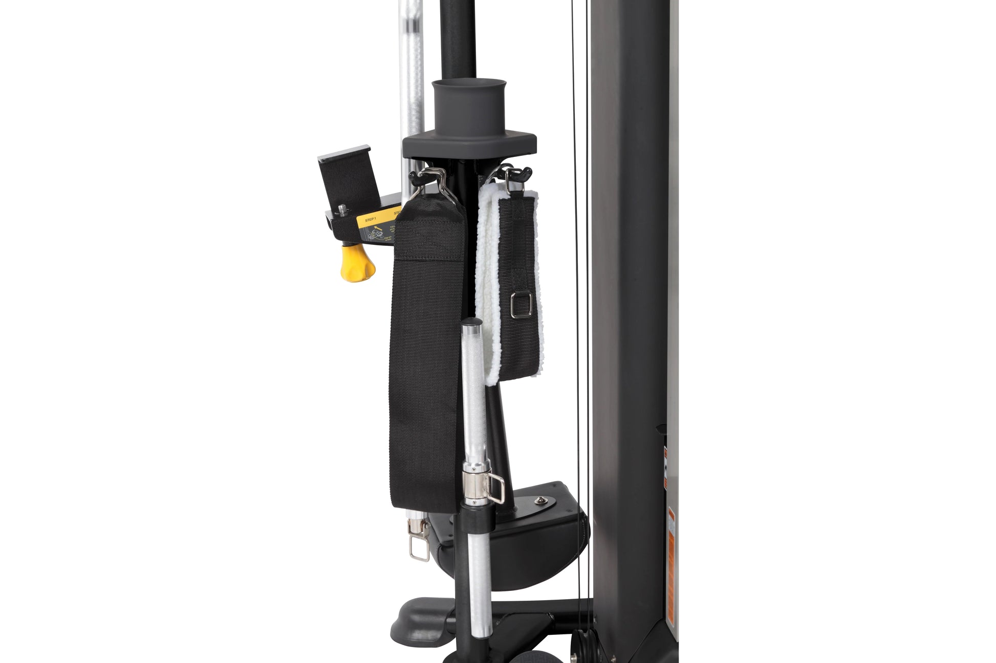 Hoist Mi5 Functional Trainer with black nylon straps, yellow adjustment handle, and silver metal pole on white background