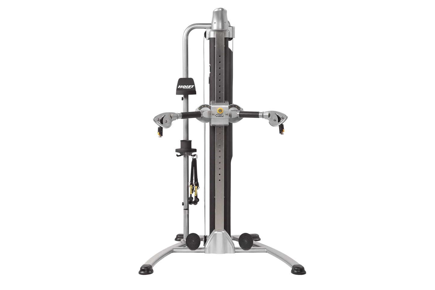 Hoist Mi5 Functional Trainer with gray metal frame, black vertical post, dual cable arms, and adjustable pulleys on white bac