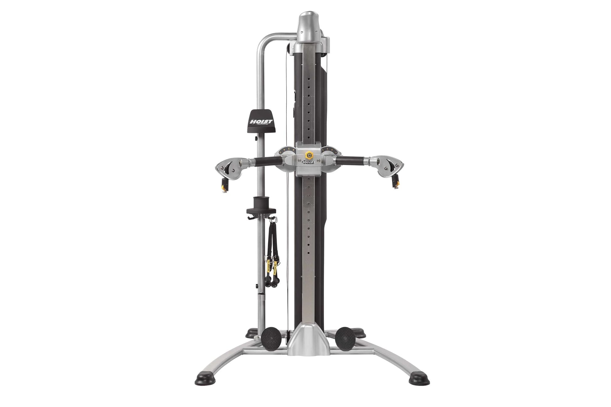 Hoist Mi5 Functional Trainer with gray metal frame, black vertical post, dual cable arms, and adjustable pulleys on white bac