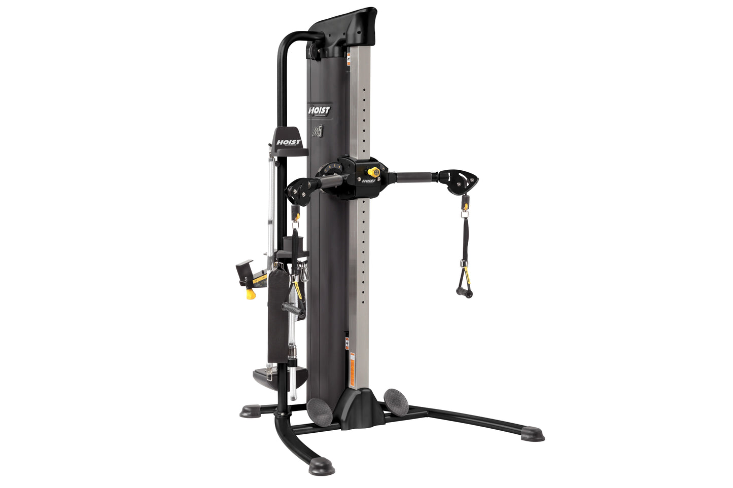 Hoist Mi5 functional trainer with black frame, dual weight stacks, and adjustable arms on white background