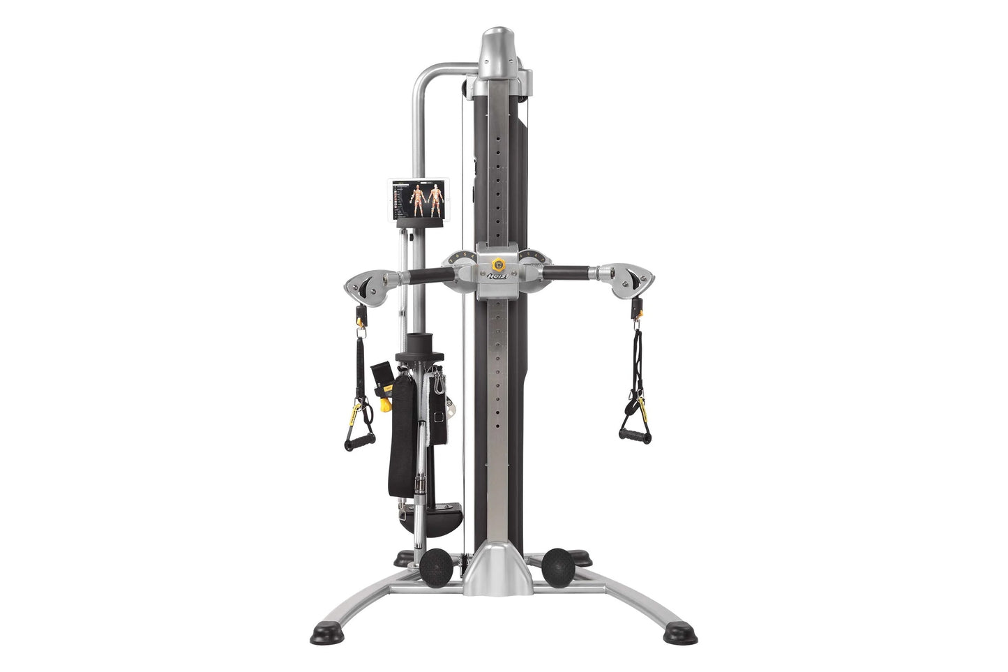 Hoist Mi5 functional trainer with silver frame, dual adjustable arm pulleys with black handles, and digital display on white 