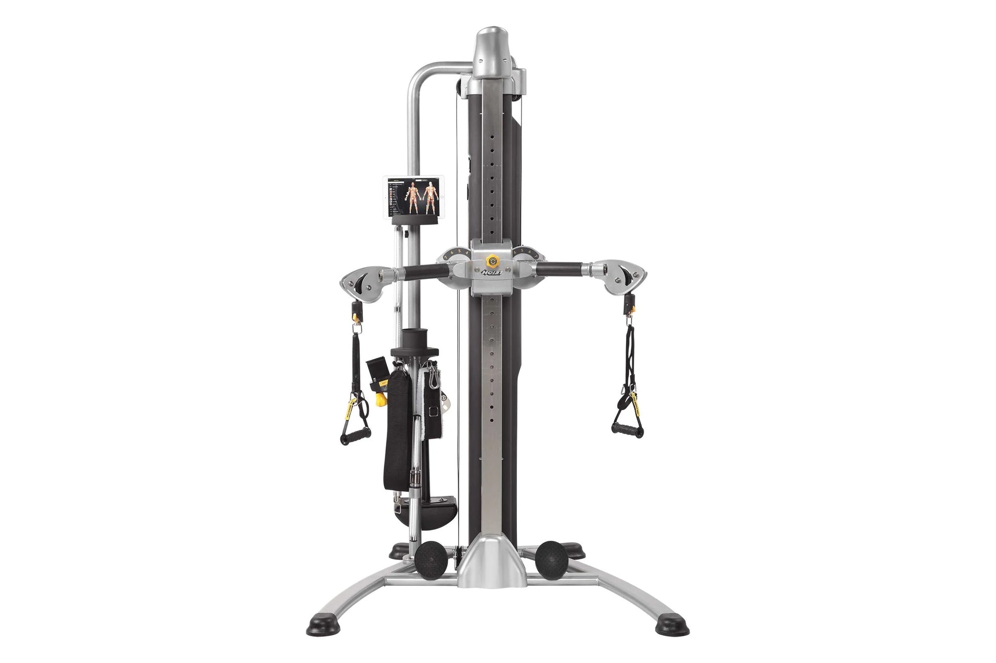 Hoist Mi5 functional trainer with silver frame, dual adjustable arm pulleys with black handles, and digital display on white 