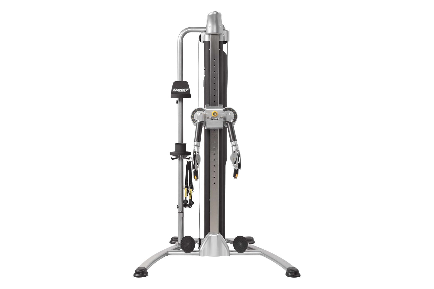 Hoist Mi5 Functional Trainer with silver frame, black accents, dual adjustable arms, and foot platform on white background