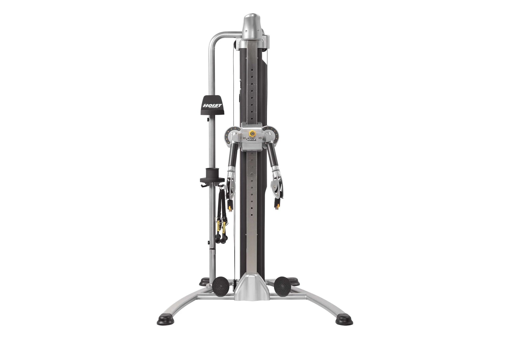 Hoist Mi5 Functional Trainer with silver frame, black accents, dual adjustable arms, and foot platform on white background