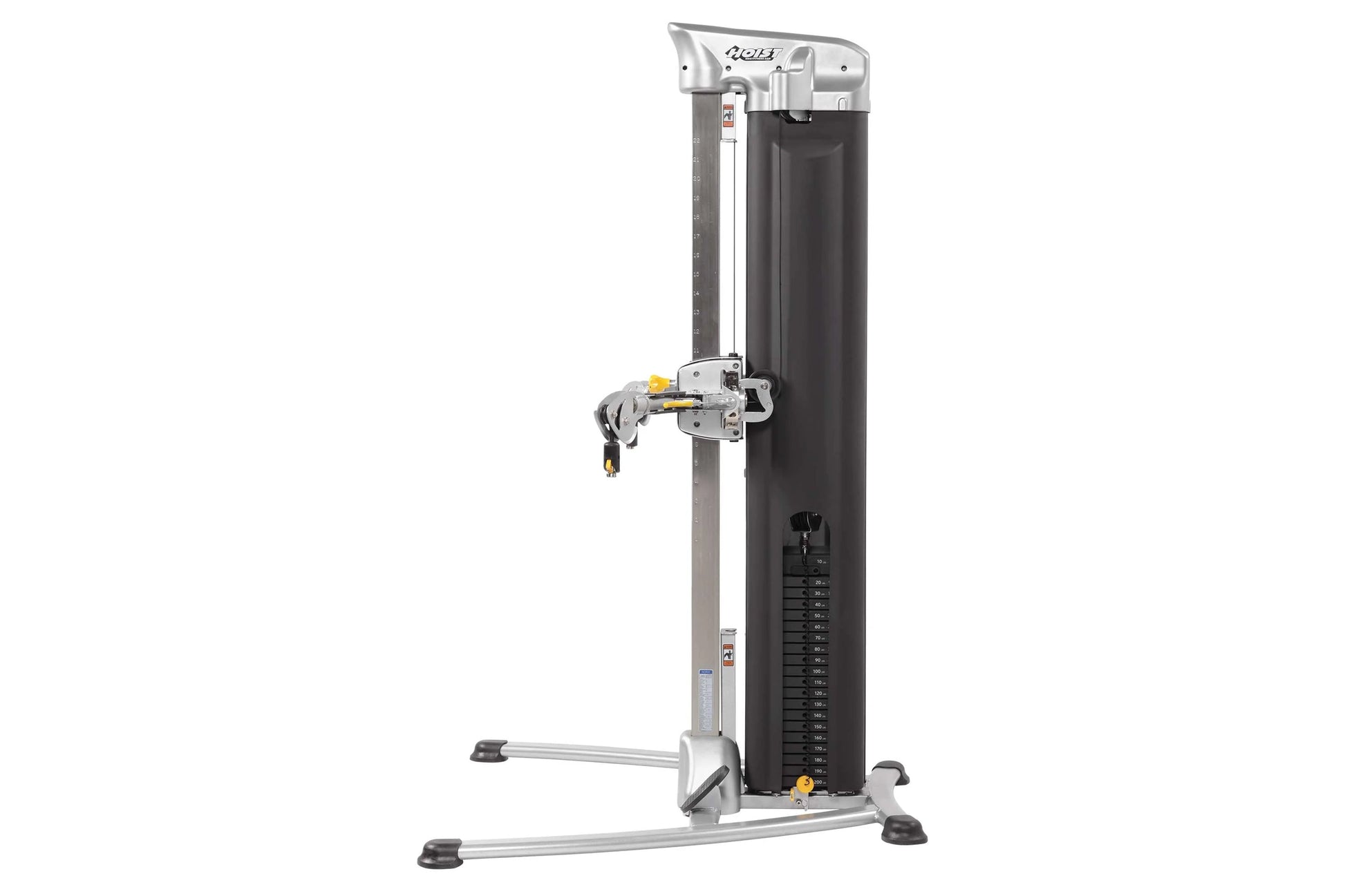 Hoist Mi5 Functional Trainer with silver frame, black stack, and dual cable arms on white background