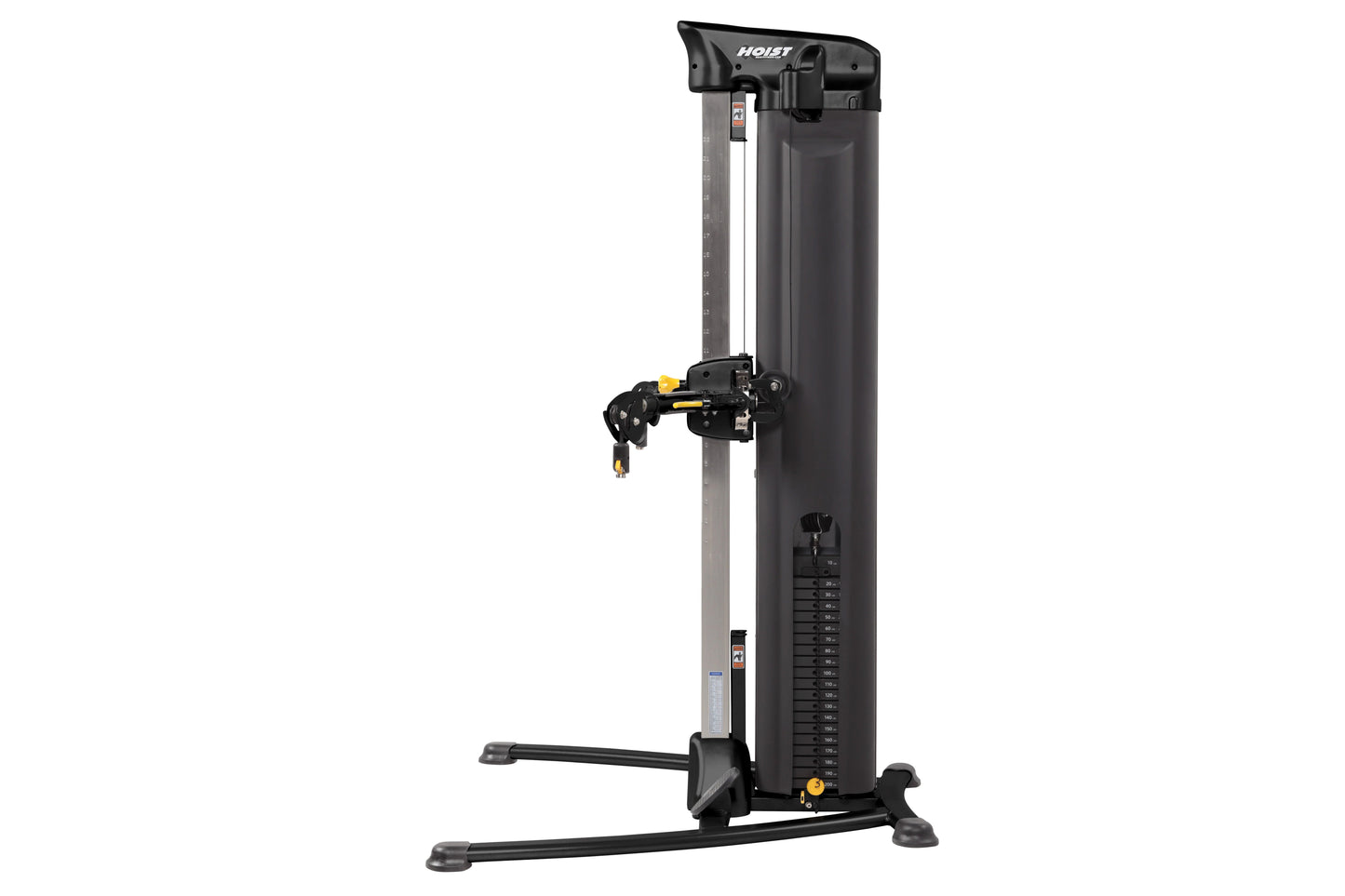 Black and gray Hoist Mi5 Functional Trainer with dual cable arms, yellow accents, and wide base on white background