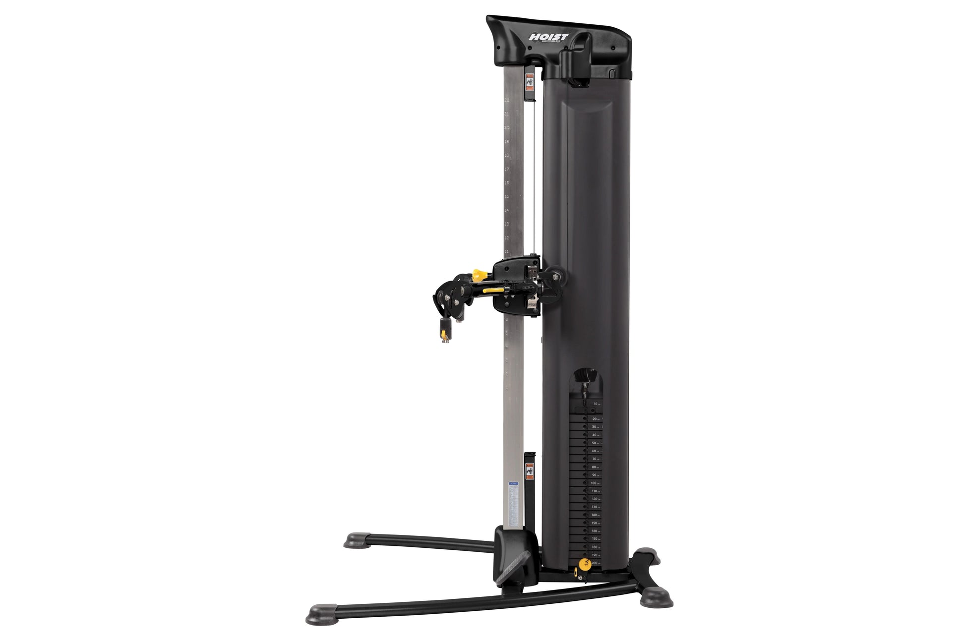 Black and gray Hoist Mi5 Functional Trainer with dual cable arms, yellow accents, and wide base on white background