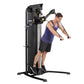 Man in blue tank top using black Hoist Mi5 functional trainer with dual cable pulleys on white background