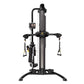 Black Hoist Mi5 functional trainer with dual adjustable pulleys, digital display, and TRX-style suspension straps on white ba