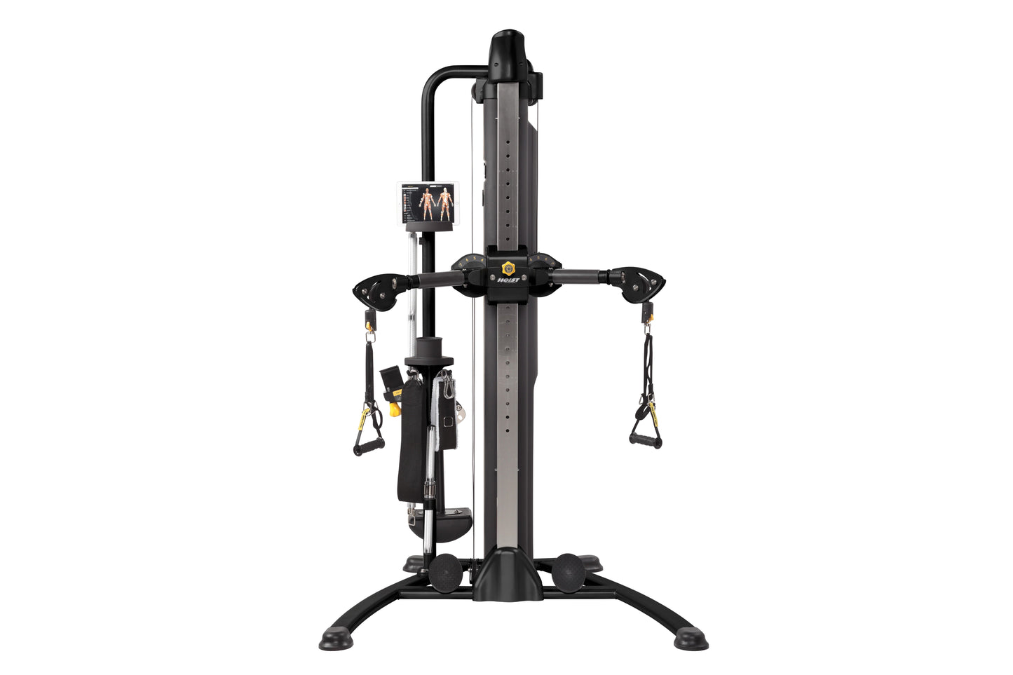 Black Hoist Mi5 functional trainer with dual adjustable pulleys, digital display, and TRX-style suspension straps on white ba
