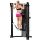 Black Hoist Mi6 functional trainer with model in pink sports bra and shorts performing lat pulldown exercise on white backgro