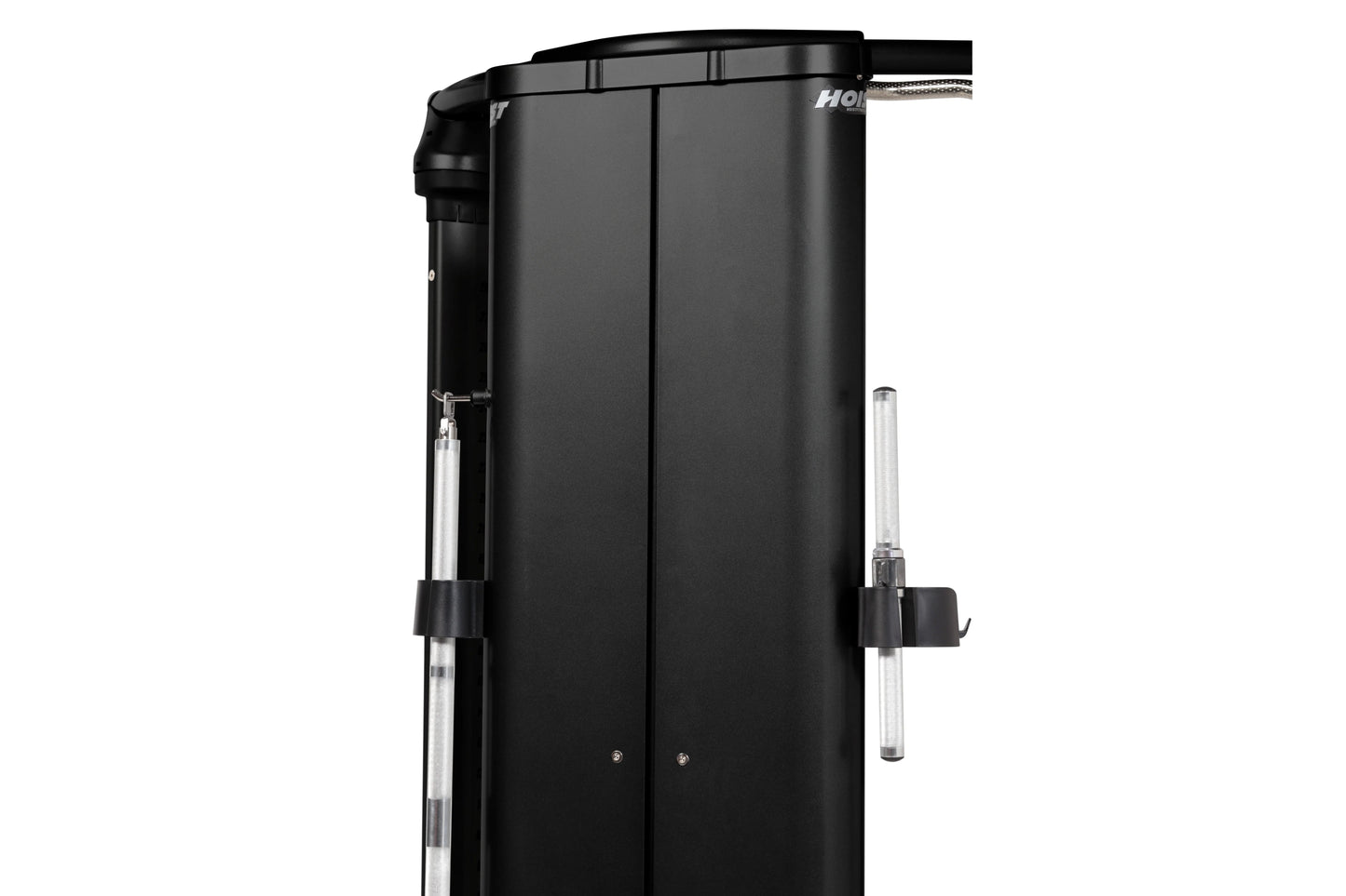 Black Hoist Mi6 functional trainer with dual cable towers, weight stack, and adjustable pulleys on white background