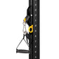 Black and yellow cable pulley attachment with black grip handle mounted on numbered weight stack frame