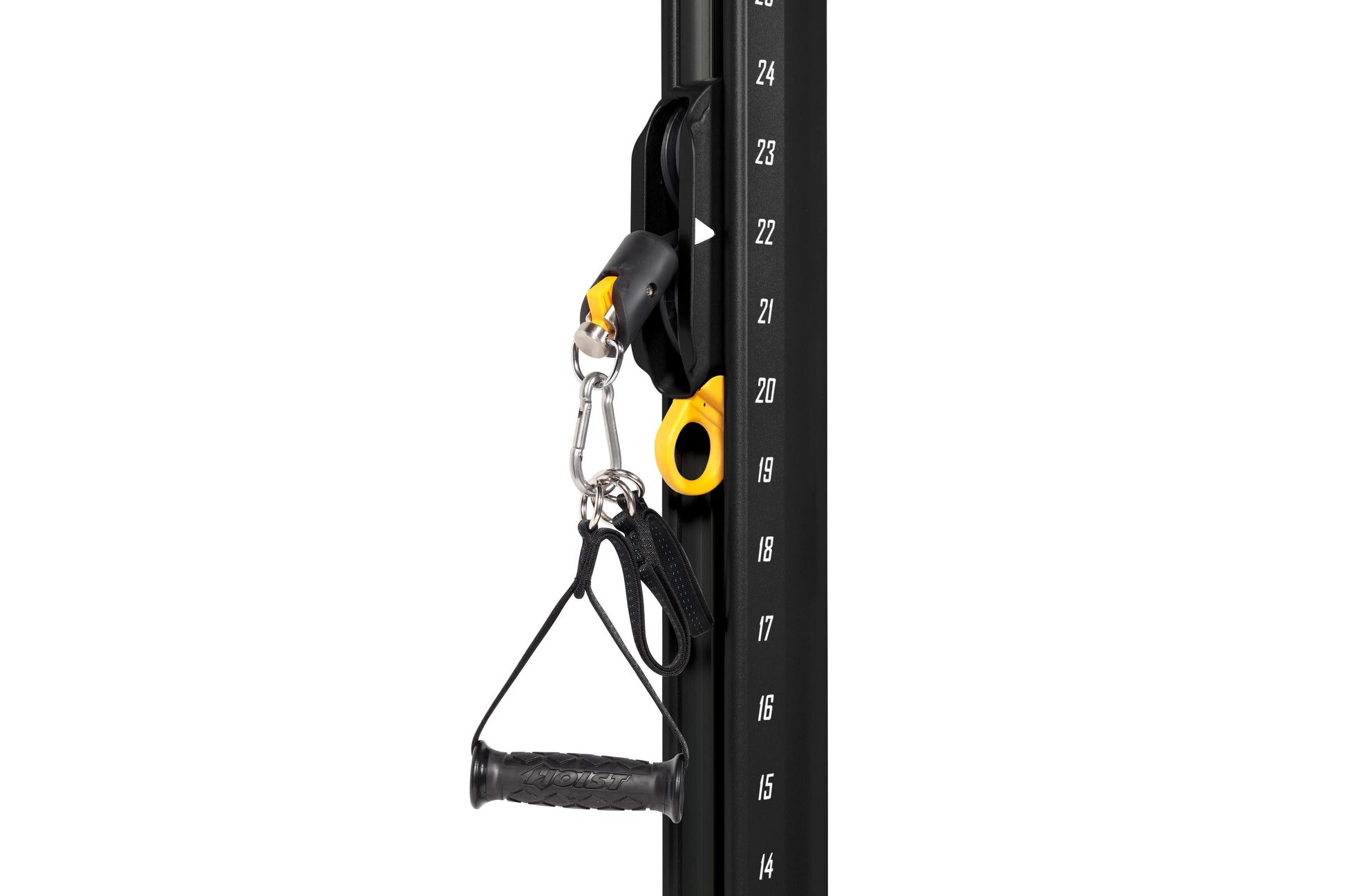Black and yellow cable pulley attachment with black grip handle mounted on numbered weight stack frame