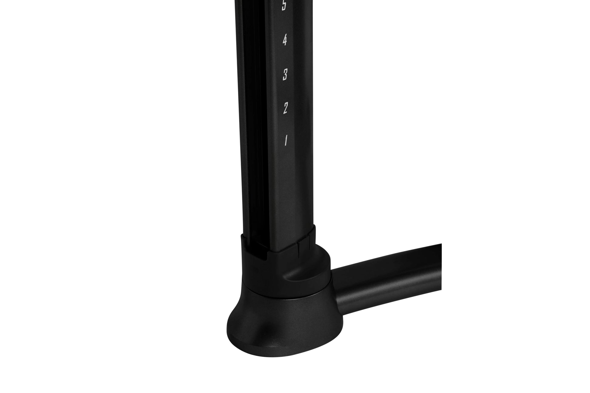 Black functional trainer with numbered adjustment markers and weighted stack numbers 1-6 on vertical post, shown on white bac