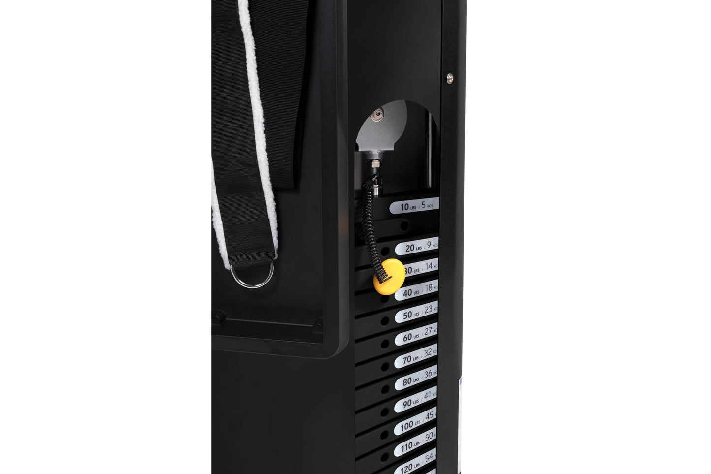 Black functional trainer with gray adjustable arm, black strap with white trim, and labeled weight stack ranging from 10 to 1