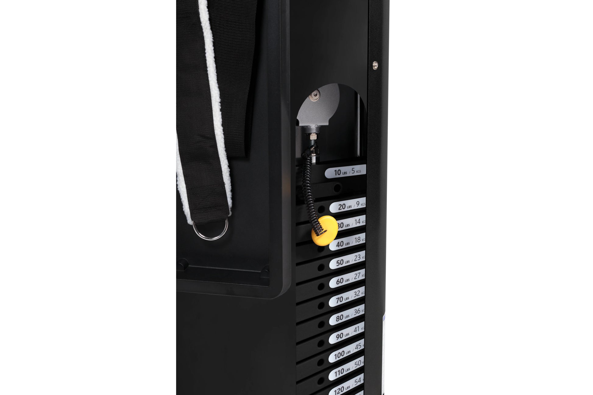 Black functional trainer with gray adjustable arm, black strap with white trim, and labeled weight stack ranging from 10 to 1