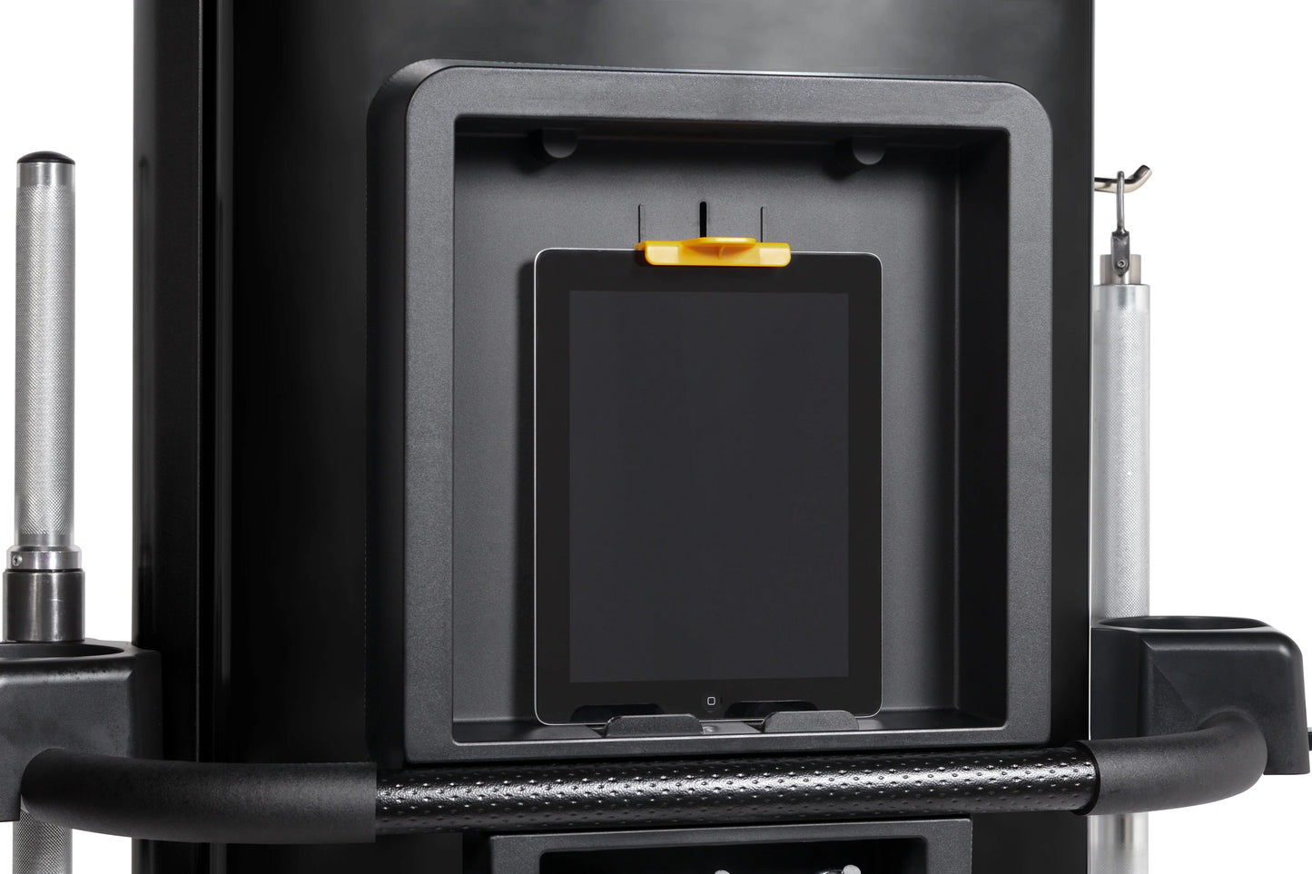 Black Hoist Mi6 functional trainer with mounted tablet display and gold accents, featuring metal handles and cable attachment