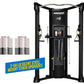 Hoist Mi6 black functional trainer with dual cable towers, digital screen, weight stack, and adjustable handles on white back