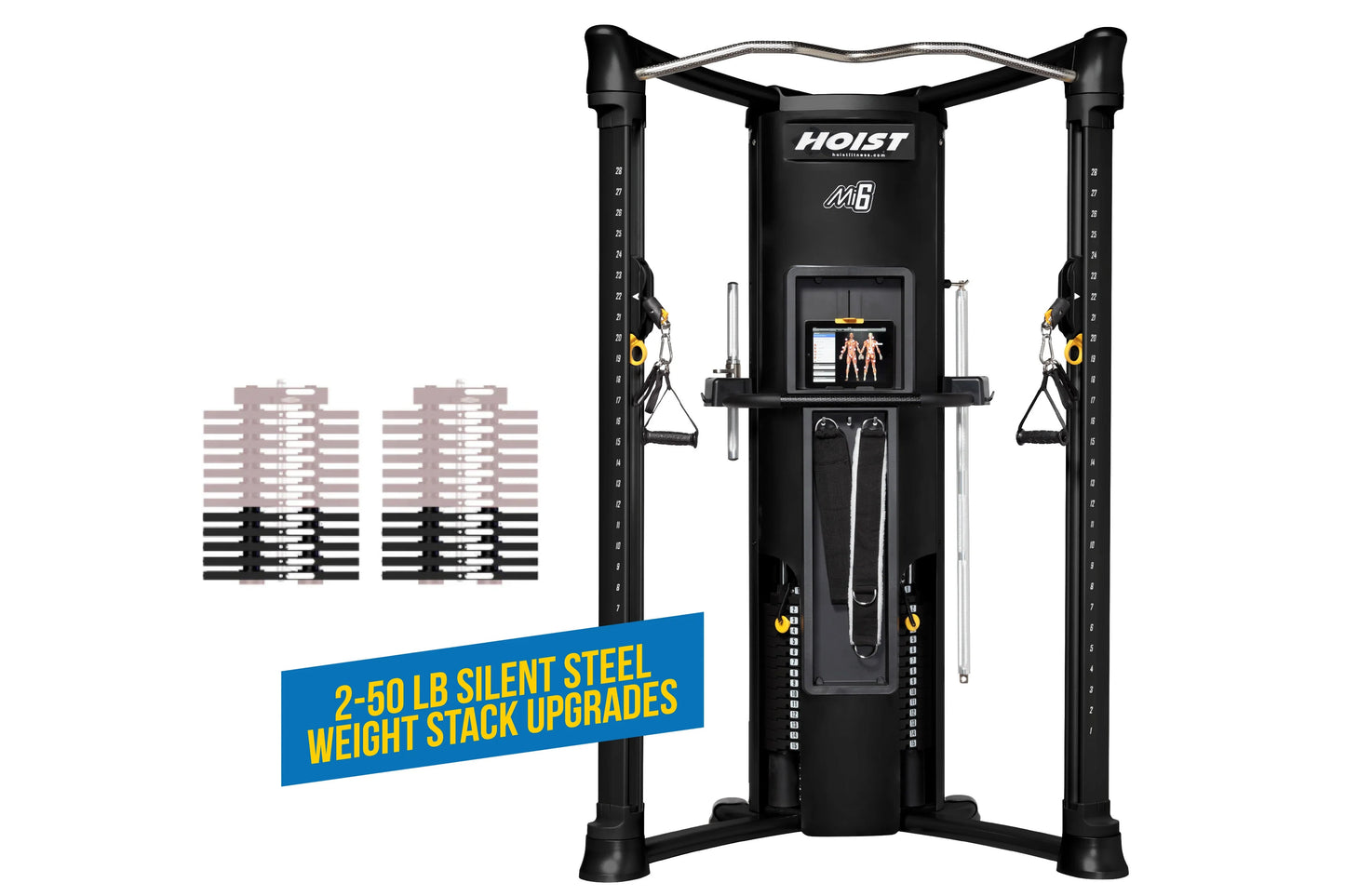 Hoist Mi6 black functional trainer with dual cable towers, digital screen, weight stack, and adjustable handles on white back