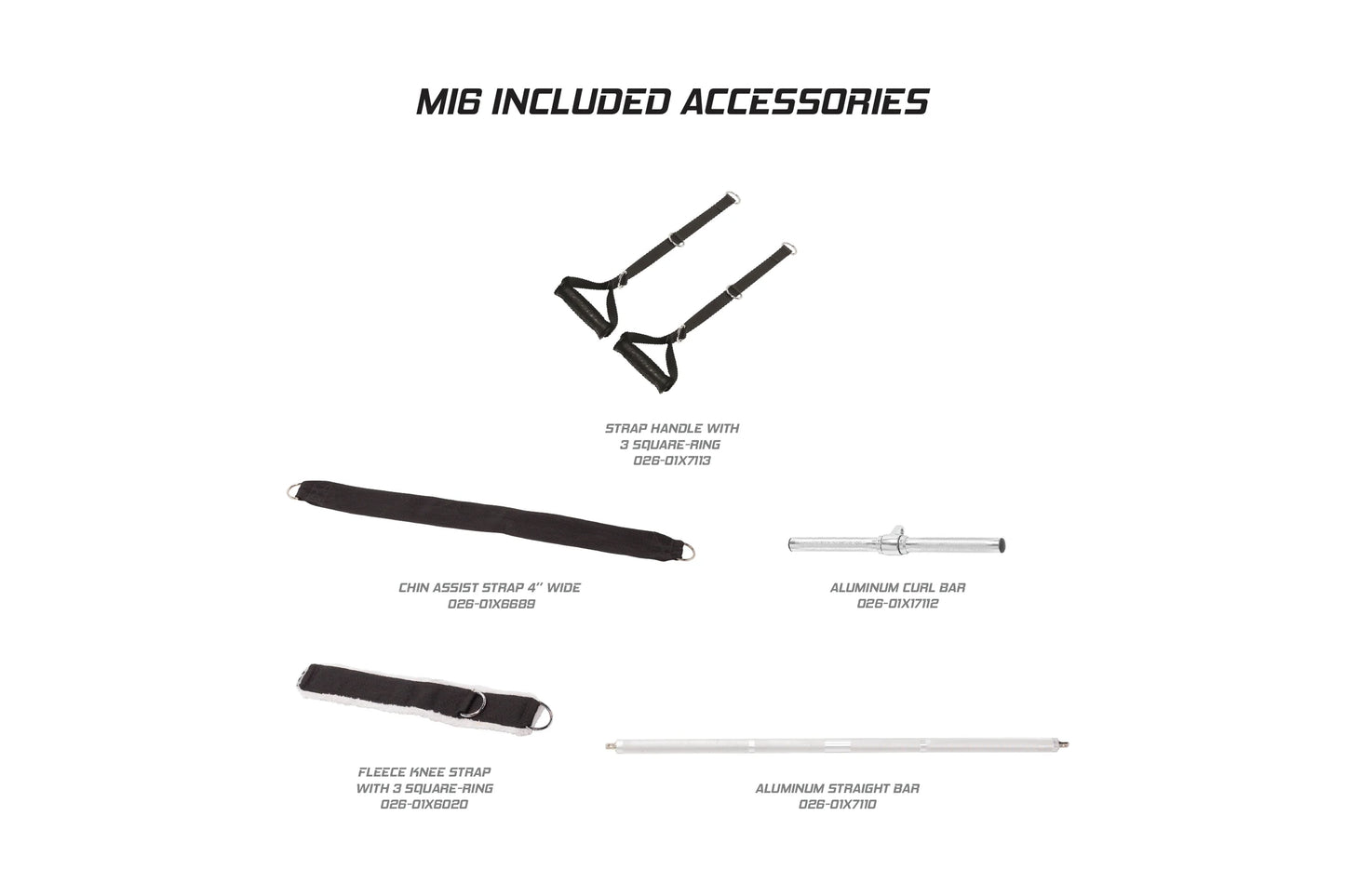 MIG included accessories: two black strap handles with square rings, black chin assist strap, fleece knee strap, aluminum cur