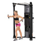 Hoist Mi6 Functional Trainer Home Gym in black with dual weight stacks, shown in use by model wearing black sports bra and pi
