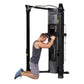 Hoist Mi6 functional trainer with black frame and silver top bar, shown with male model performing chest press exercise on wh