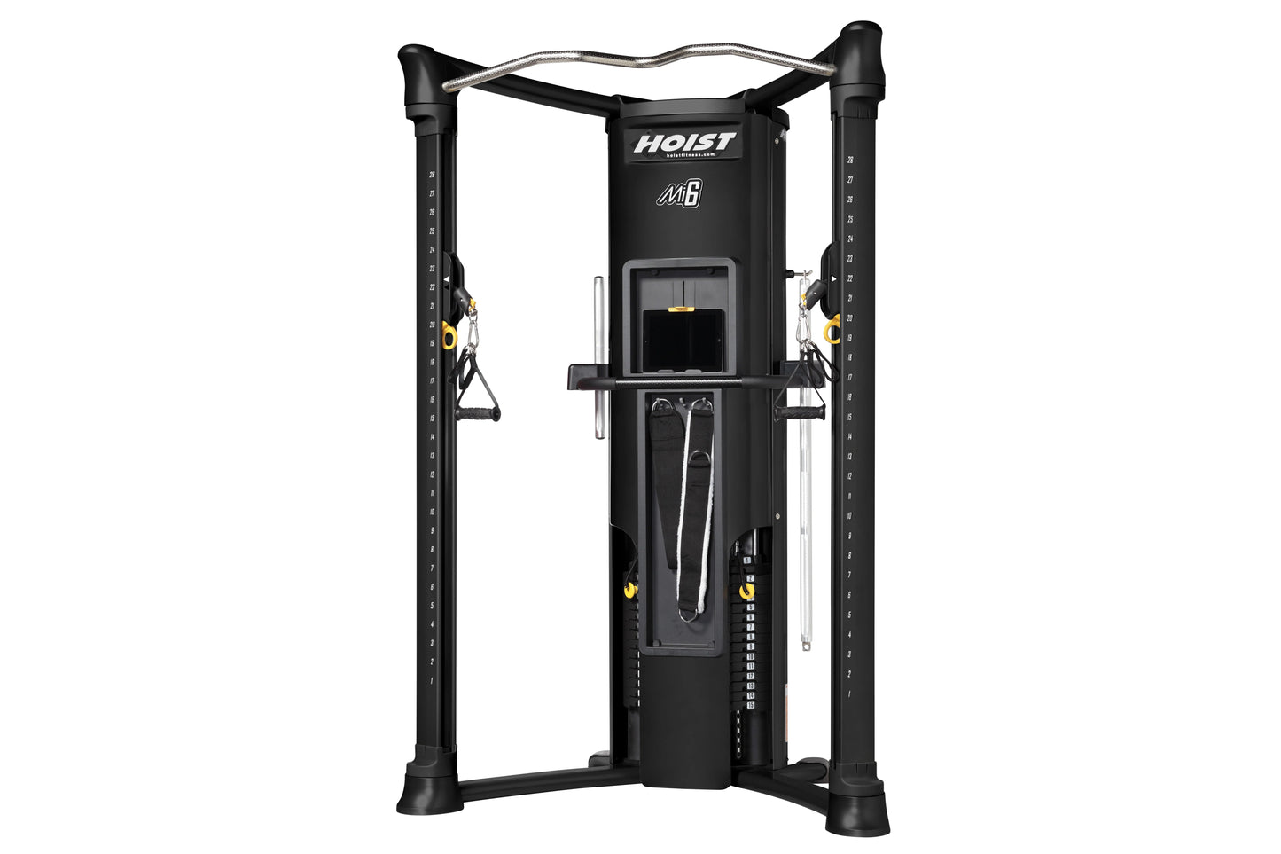Hoist Mi6 functional trainer with black frame, dual cable towers, silver curved top bar, and yellow accents on white backgrou