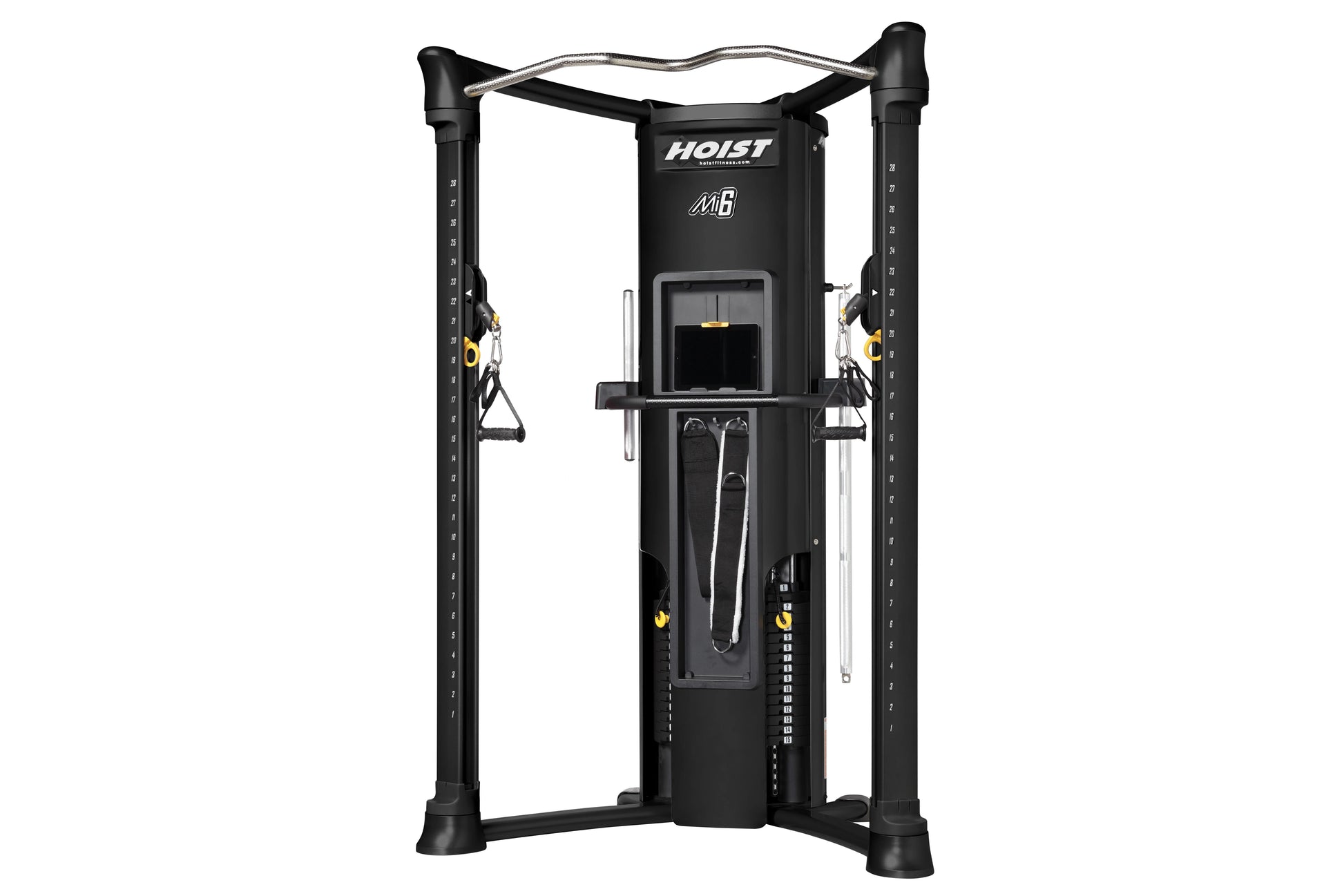 Hoist Mi6 functional trainer with black frame, dual cable towers, silver curved top bar, and yellow accents on white backgrou