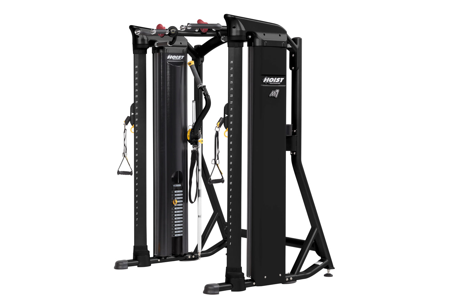 Hoist Mi7 black functional training system with dual weight stacks, cable attachments, and red adjustment handles on white ba