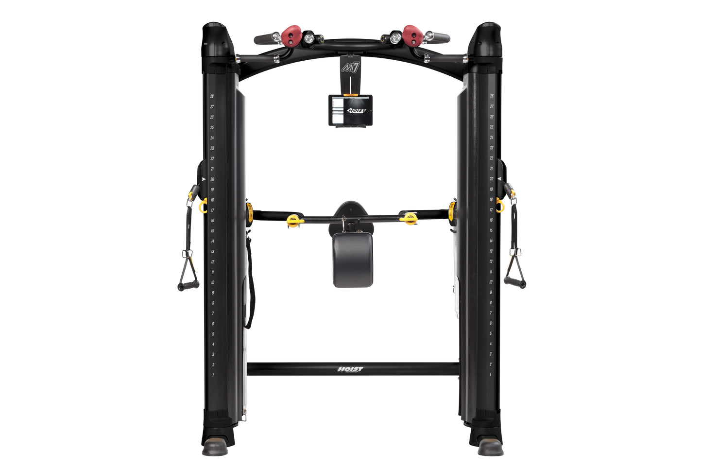 Black Hoist Mi7 functional training system with dual uprights, red and black shoulder arms, yellow accents, and suspension st