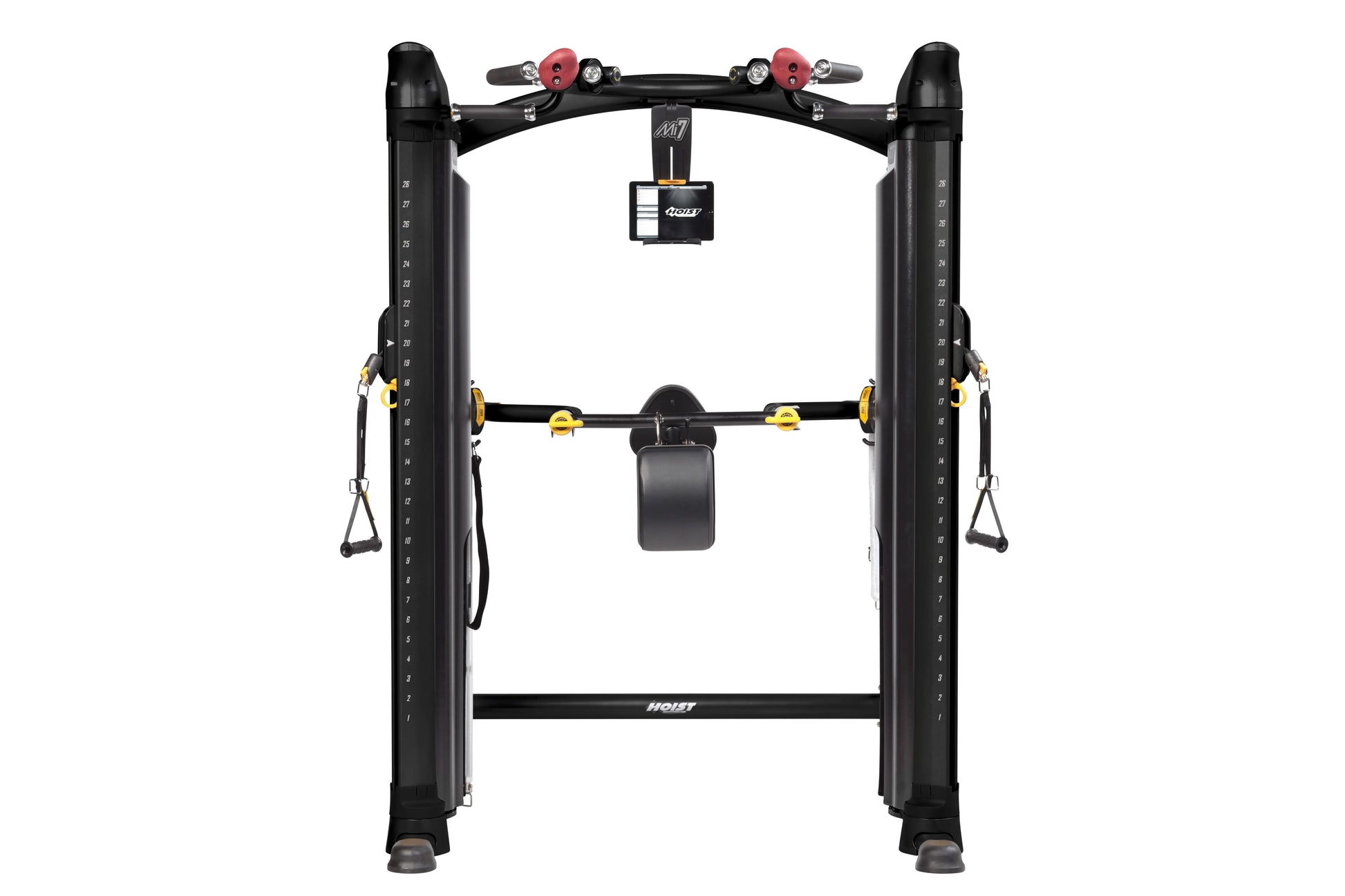 Black Hoist Mi7 functional training system with dual uprights, red and black shoulder arms, yellow accents, and suspension st
