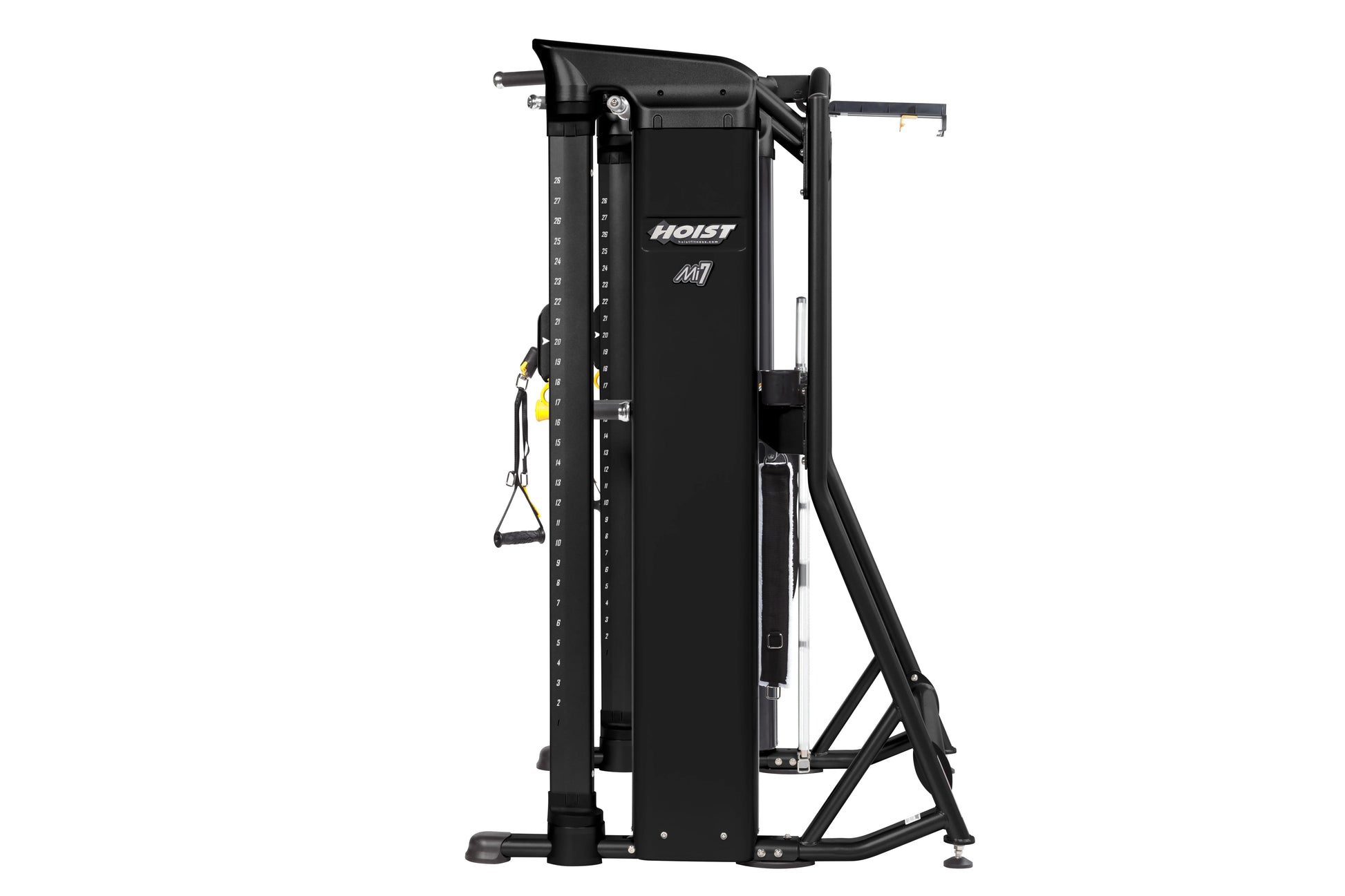 Hoist Mi7 black functional training system with dual cable towers and adjustable arms on white background