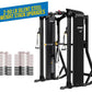 Hoist Mi7 black functional training system with dual cable stations, weight stack upgrades shown on left, and blue banner hig
