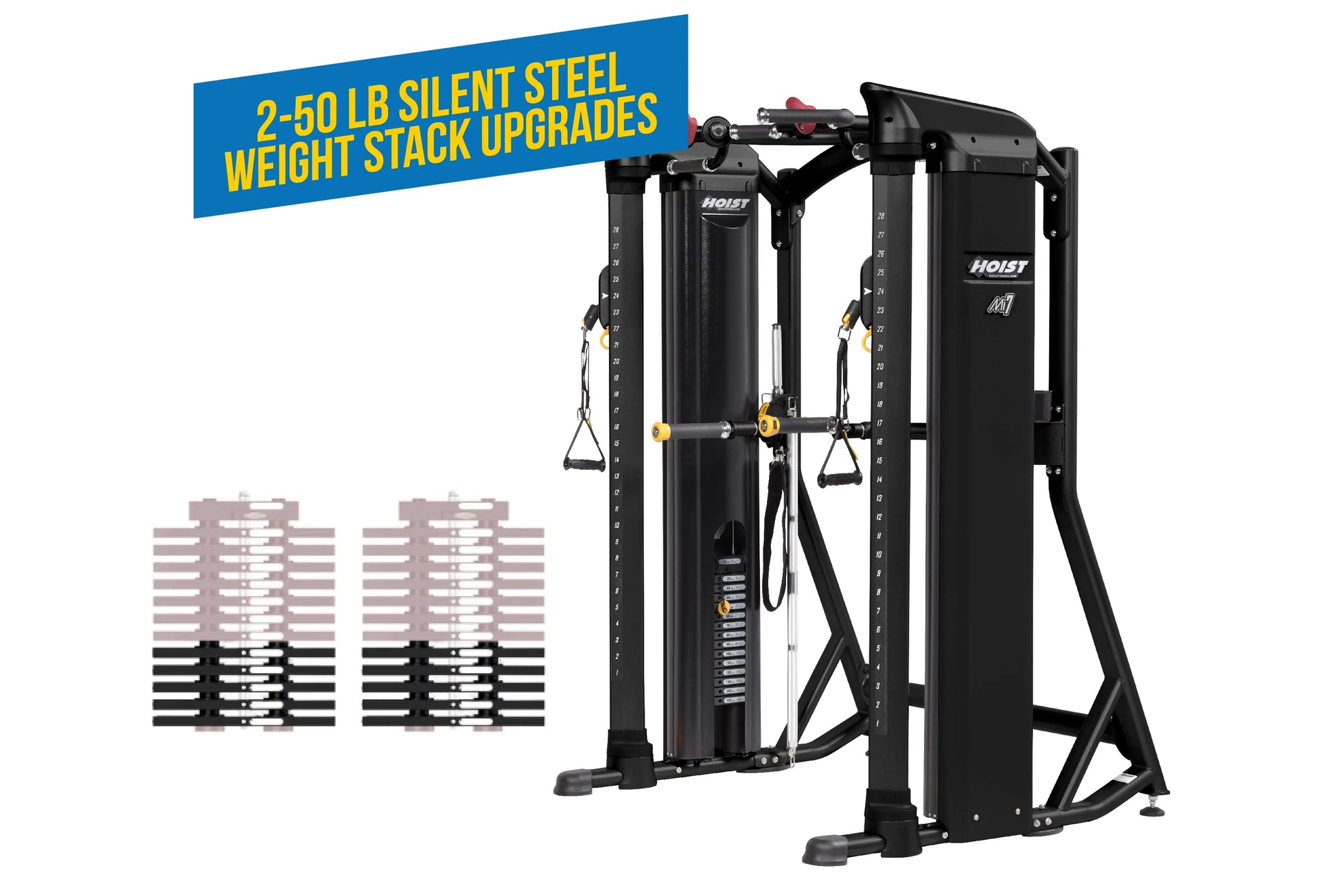 Hoist Mi7 black functional training system with dual cable stations, weight stack upgrades shown on left, and blue banner hig