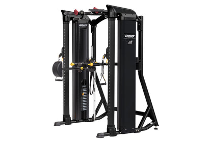 Hoist Mi7 black functional training system with yellow accents and red adjustment handles, on white background