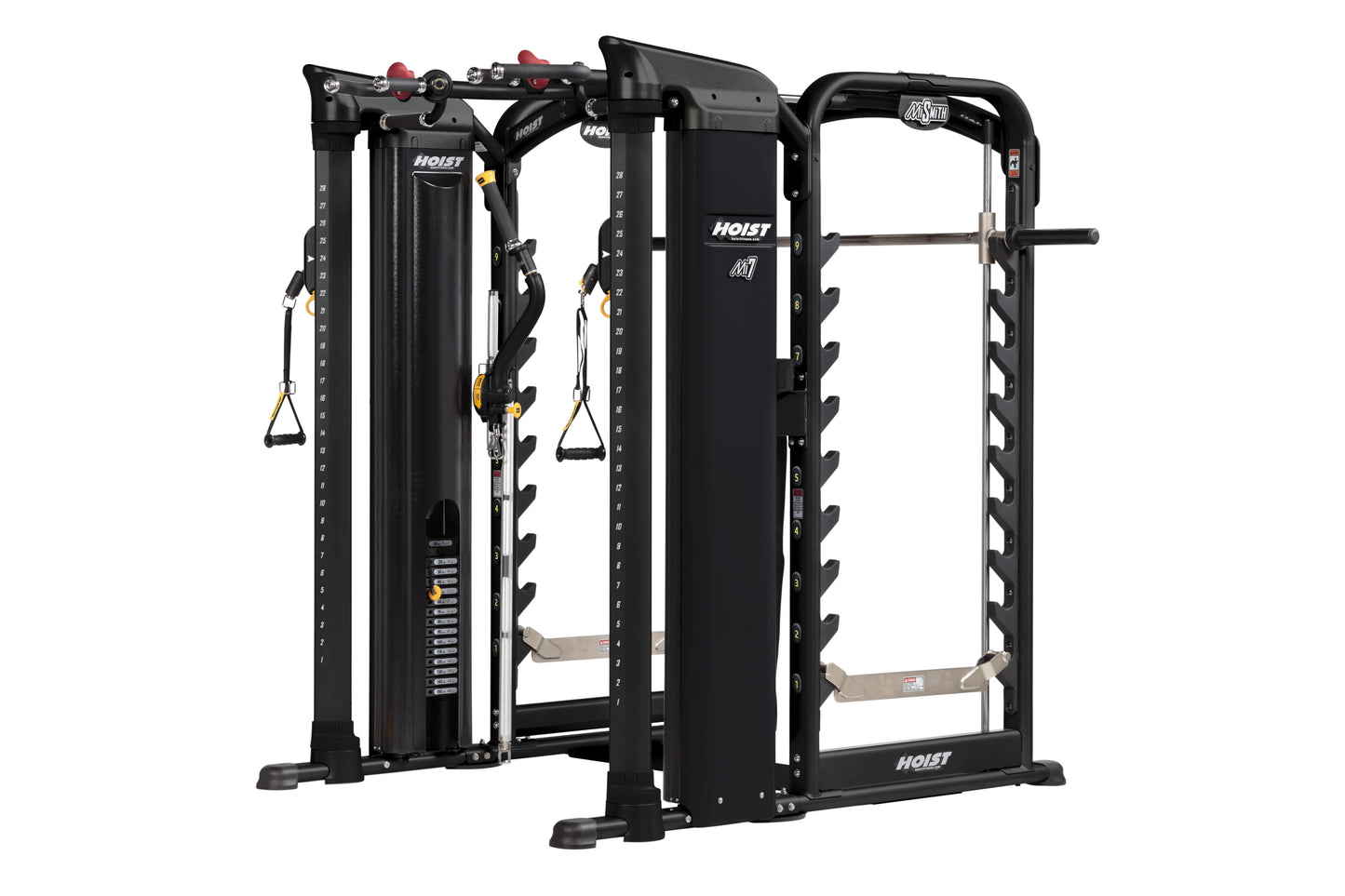 Hoist MI7 Smith functional trainer with dual cable machines and smith bar, black metal frame on white background
