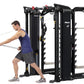 Man using black Hoist MI7 Smith functional trainer machine with cable attachment, demonstrating chest exercise on white backg