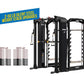 Black multi-station functional trainer with cable machines, weight stacks, and bar attachment, shown with steel weight plates
