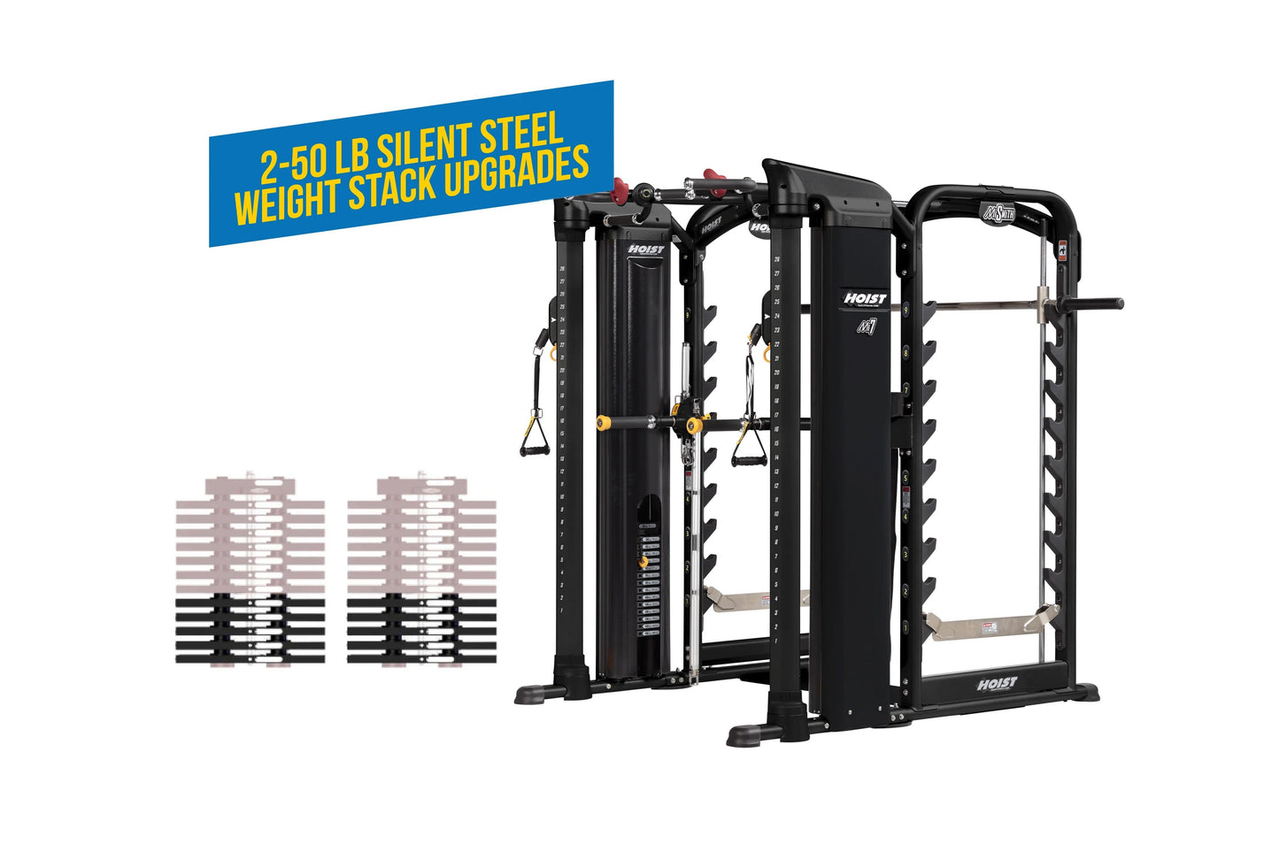 Black multi-station functional trainer with cable machines, weight stacks, and bar attachment, shown with steel weight plates