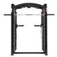 Black functional trainer Smith machine with dual adjustable arms, numbered weight markers, and chrome bar on white background