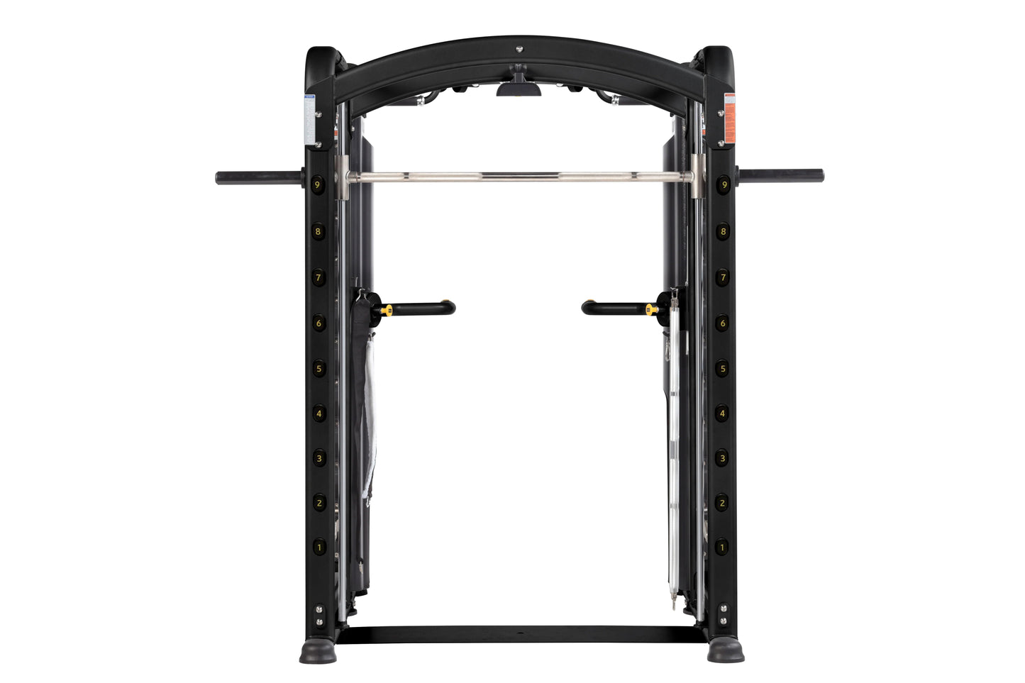 Black functional trainer Smith machine with dual adjustable arms, numbered weight markers, and chrome bar on white background