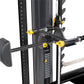 Black and yellow Smith machine with dual adjustable arms, numbered weight stack markers, and gray padded backrest on white ba