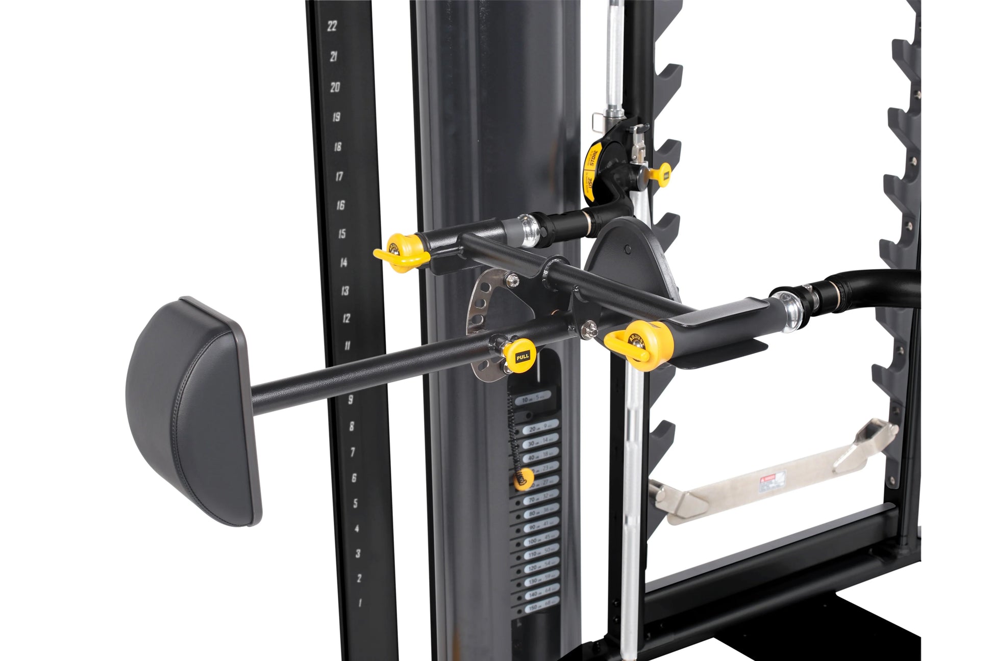 Black and yellow Smith machine with dual adjustable arms, numbered weight stack markers, and gray padded backrest on white ba