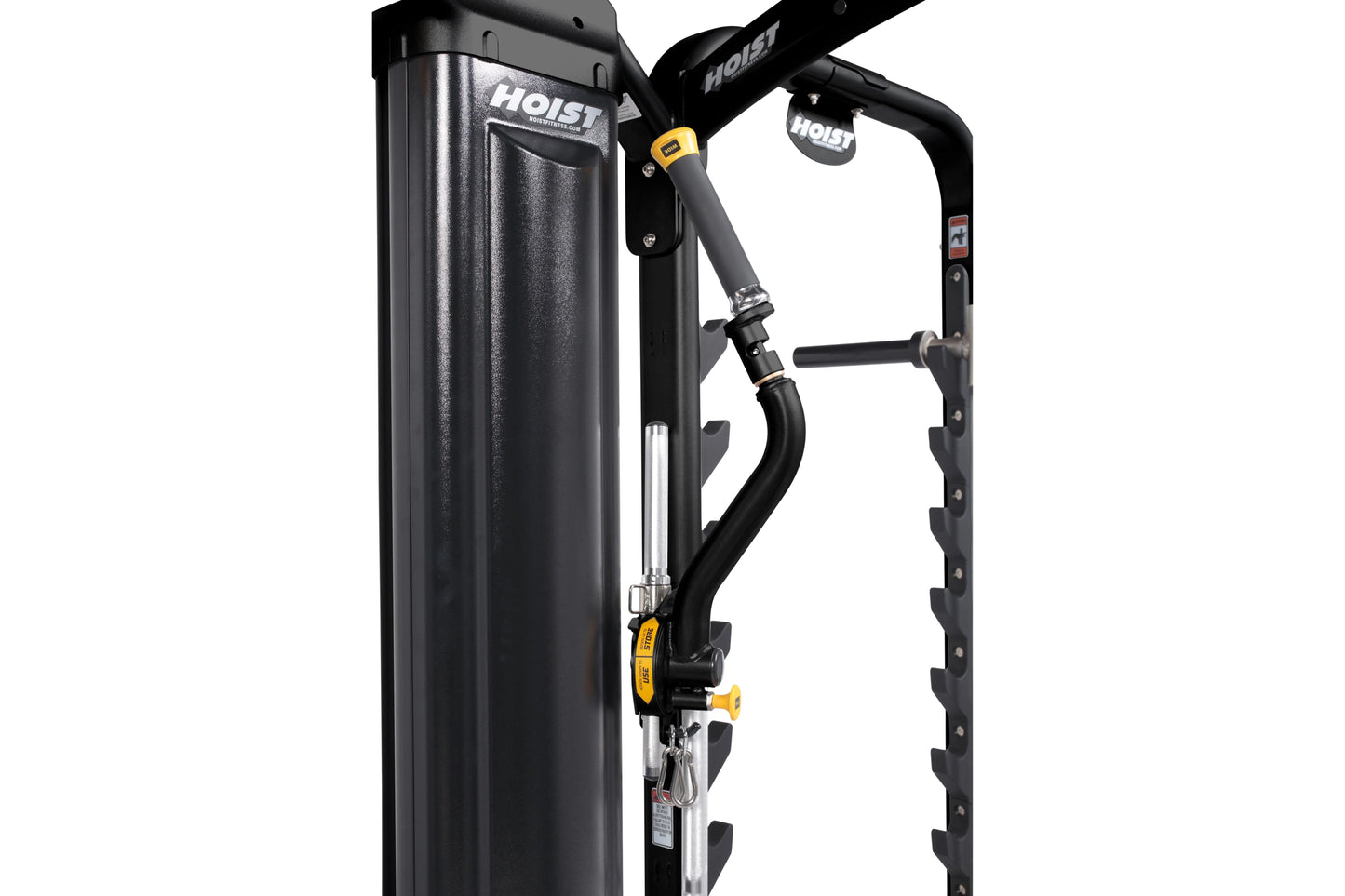 Hoist MI7 Smith functional trainer with black frame, yellow accents, and weight stack on white background